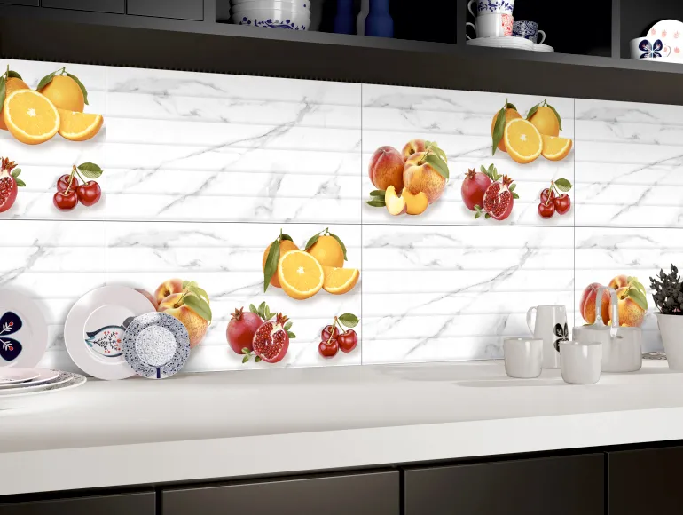 small kitchen design with featuring fruit design tiles